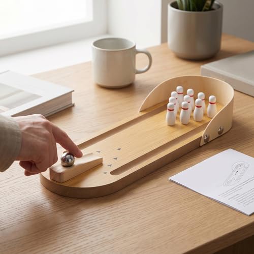 SUNGOOYUE Gifts Bowling Game Wooden Synthetic Desktop Alley with 10 Pins Ramp, Finger Stress Relief Roller for Adults Teens Break Room Mini Bowling Set, Tabletop Game Set