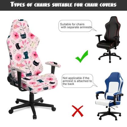 Black Cat Print Gaming Chair Covers Slipcovers with Armrest Covers Flower Print Computer & Gaming Chair Slipcover Universal Fit for Desk/Swivel/Rotating Chairs Protector - color: Pink - Black Cat Flower