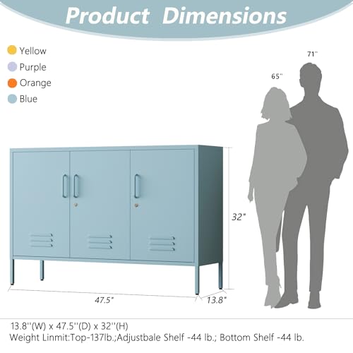 32" Blue 3 Door Lockable Metal Cabinet, Freestanding Heavy Duty Storage Locker with Adjustable Shelves for Home Office Kitchen Living Room - color: Blue, style: 32"H-Cabinet-TH