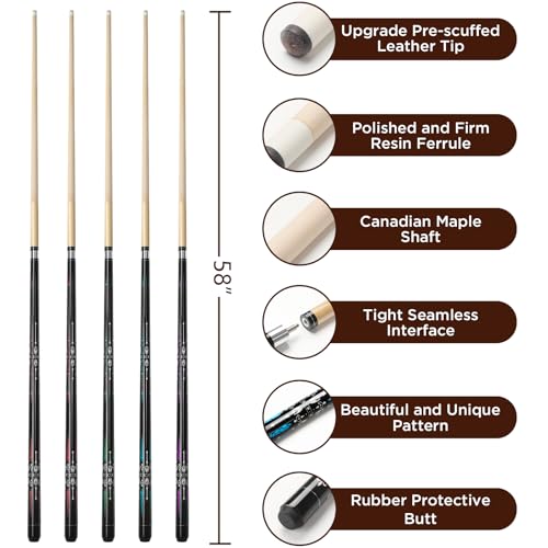 Pool Cue, 58" Billiard Cue Stick 2-Piece Maple Wood Pool Cue Stick 18 19 20 21oz for Bar House Pool Table Sports - color: Set of 5