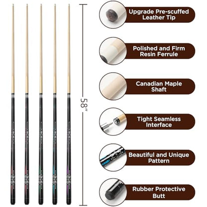 Pool Cue, 58" Billiard Cue Stick 2-Piece Maple Wood Pool Cue Stick 18 19 20 21oz for Bar House Pool Table Sports - color: Set of 5