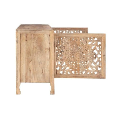 Pemberly Row Transitional Mango Wood Two Door Cabinet, Natural Brown Finish, 60" w x 20" d x 34" h, Handcrafted Storage Sideboard for Dining Room, Entryway, or Living Room