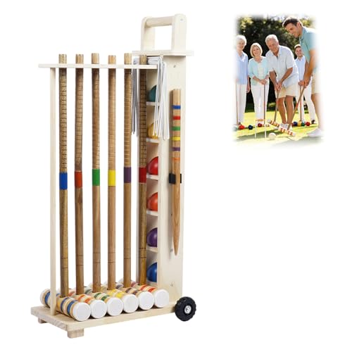 tonchean 6 Player Croquet Set for Adults with Handcrafted Wooden Stand, Rubber Wooden Mallets, Colored Balls and Steel Wicket for Backyard Lawn Yard Outdoor Games