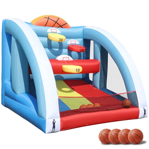 10FT Inflatable Basketball Hoop Game for Kids & Adults - 10x10x10 FT Heavy Duty Oxford Carnival Blow Up Party Zone with 5 Hoops, 4 Balls, Easy Setup Outdoor Backyard Lawn Sports Toy
