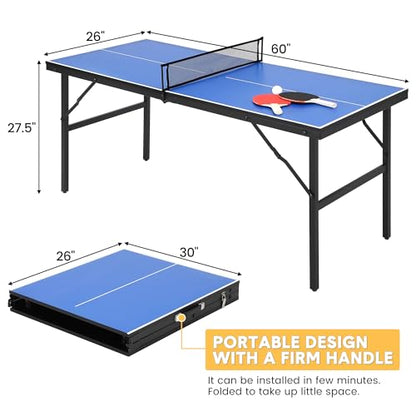 GarveeLife Portable Ping Pong Table, Indoor/Outdoor Ping Pong Table for Adults/Teens, Table Tennis Table with 2 Table Tennis Paddles and 3 Balls, 5 Minute Assembly, 60 x 26 x 27.5 in
