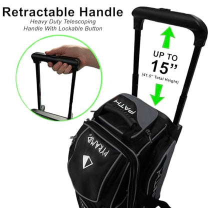 Pyramid Path Triple Premium Deluxe Roller Bowling Bag With Extra Large Separate Shoe Compartment (Up To US Mens Size 16) and 5 Accessory Pockets, 5" Wheels, Retractable Locking Handle - Extends to 42" - color: Black/Black