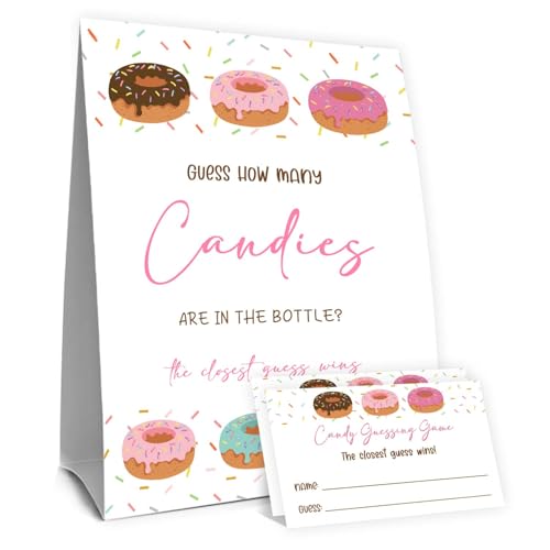Donut Party Decorations,Pink Donut Guess How Many Baby Shower Game,Donuts Birthday Party Decorations,Guess How Many Candy Are In The Bottle, Party Game & Activities 50 Cards And Sign - size: Donut
