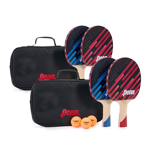 Penn 4-Player Table Tennis Paddle Set - Includes Four Penn 3.0 Paddles, Three 3-Star ping Pong Balls, and Two Storage Pouches