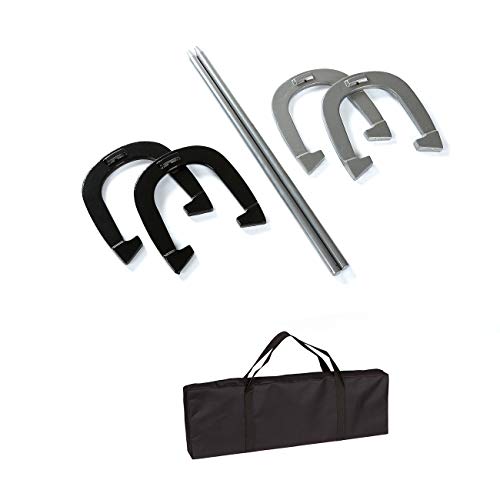 Trademark Innovations Premium Reinforced Carbon Steel Horseshoe Set with Carry Bag (Black and Gray)