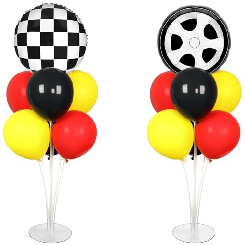 Race Car Party Balloons Stand Kit 2 Sets With 2 Checkered Foil Balloon Racing car Party Balloon Red Black Yellow Race Car Birthday Party Decor Set For Boys Let's go Racing New Year Party Decorations - style: Race Car