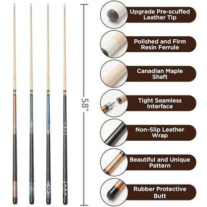 Pool Cue, 58" Pool Cue Sticks for Adults with 13MM Tips Canadian Maple Wood Leather Pattern Grip 18 19 20 21 oz, Professional Billiard Cues Players for Bar House Pool Table Sports 8/9 Ball - style: Set of 4