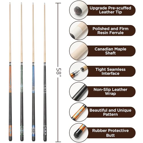 Pool Cue, 58" Pool Cue Sticks for Adults with 13MM Tips Canadian Maple Wood Leather Pattern Grip 18 19 20 21 oz, Professional Billiard Cues Players for Bar House Pool Table Sports 8/9 Ball - style: Set of 4