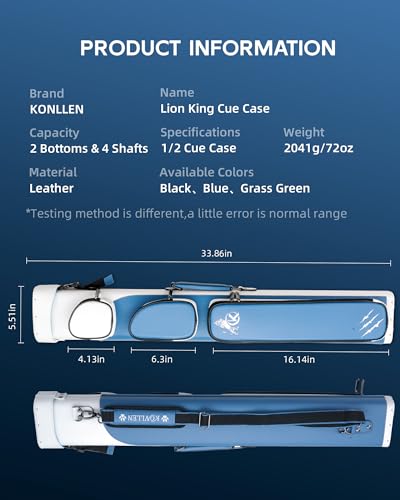 KONLLEN 2x4 Hard Pool Cue Case – Professional Billiards Cue Case for 2 Butts & 4 Shafts, Durable Hard Shell Cue Bag with Adjustable Shoulder Strap, Large Storage Pockets - color: 2x4-Blue