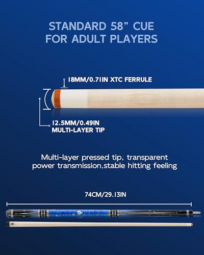 KONLLEN KL-KB Low Deflection Maple Billiards Cue Pool Cue Stick Real Wood Abalone Shell Inlay Wrapless 12.5mm Tip - color: KL-KB-Blue