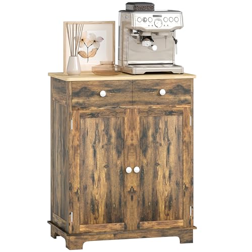HOMCOM Sideboard with Solid Wood Countertop, Modern Kitchen Storage Cabinet, Coffee Bar Cabinet with 2 Drawers, Doors and Adjustable Shelf, Rustic Brown - color: Rustic Brown, size: 26.75" x 15.75" x 33.5"