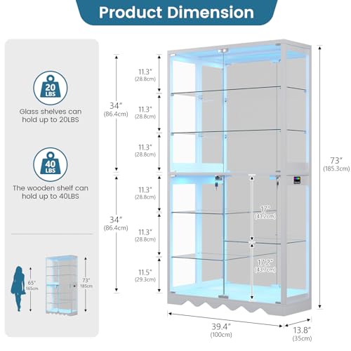 Large Display Cabinet with Glass Doors, 8-Tier RGB Curio Cabinet with Smart Human Induction & Remote Control, 73" Tall Stable Glass Display Case for Collectibles, Figures, Lockable Storage, White