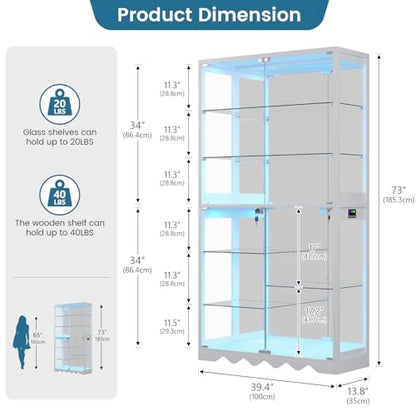 Large Display Cabinet with Glass Doors, 8-Tier RGB Curio Cabinet with Smart Human Induction & Remote Control, 73" Tall Stable Glass Display Case for Collectibles, Figures, Lockable Storage, White