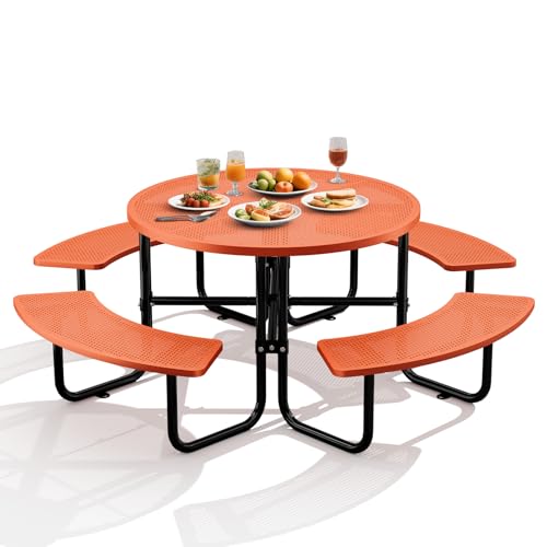 83" Round Heavy Duty Picnic Table for Outdoors Commercial Camping Table with Umbrella Hole up to 1.78" Orange Coated Steel Frame Waterproof Rust Resistant 3200 lbs Load Capacity - color: Orange, size: Round