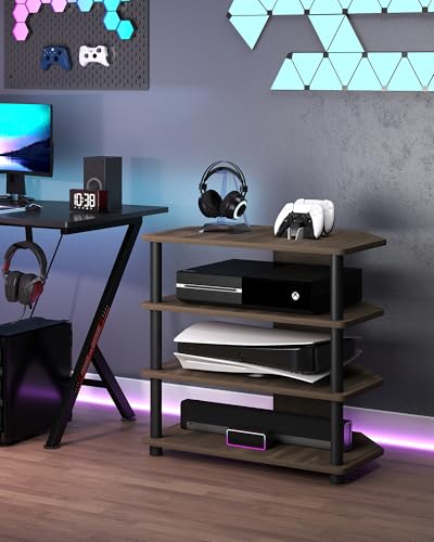 Game Console Shelf, 4-Tier AV Media Stand with Open Shelves Entertainment Cabinet for Bedroom Dorm Living Room, Fits TV up to 32” - color: Brown