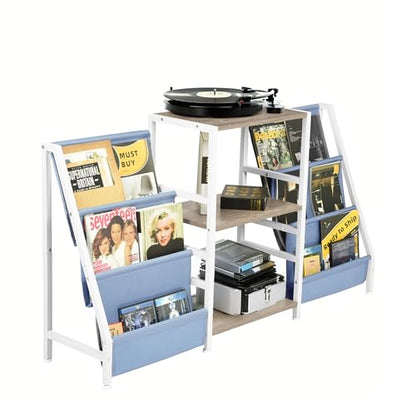 Homy Casa Audio-Visual Shelving Unit – Metal Frame with Wood Shelves & Fabric Bags – Compact AV Equipment Stand, Media Storage Rack for Gaming Accessories & Living Room Organization