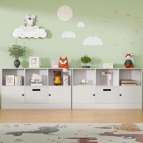 Housoul Cube Bookcase with 2 Doors, 6-Cube Wooden Bookshelf with Fabric Drawer, 2-Tier Floor Standing Display Cabinet Organizer, Kids Open Shelf Low Bookcase for Living Room, Bedroom, Office, White