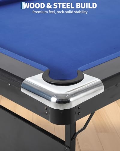 7 Foot Pool Table for Family, Foldable No Assembly Pool Table with Balls, Cues, Chalk, Rack & Brush, Portable Billiards Game Table for Apartment, Basement, Office & Game Room - size: Blue-6FT