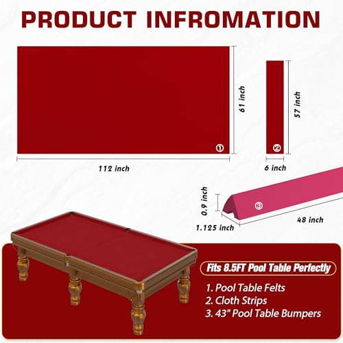 Pool Table Felt and Bumper Kit Felt for Billiard Cloth with Pool Table Bumpers and Cushions Facing, 6 Pcs Cloth Strips and Staple Remover - color: Red, size: 8.5FT Over Size + 48'' Bumpers