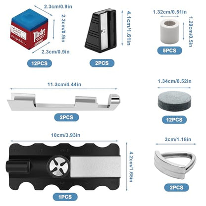 36pcs Pool Cue Repair Kit 12 Billiard Cue Tips, 2 Pool Cue Tip Clamps, 5 Ferrules, 12 Chalk Cubes 2 Cue Tips Trimmers,1 5in1 Pool Cue Tips Repair Tool, Billiard Cues Replacement Accessories