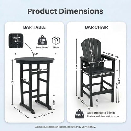 Patio Bar Tables Set of 3, HDPE Outdoor High Top Table and Chairs Set Height Table Chairs Adirondack Bar Set for Garden, Backyard, Yard, Pool, Balcony, Black - color: Ø31.1" Bar Set of 3, Black