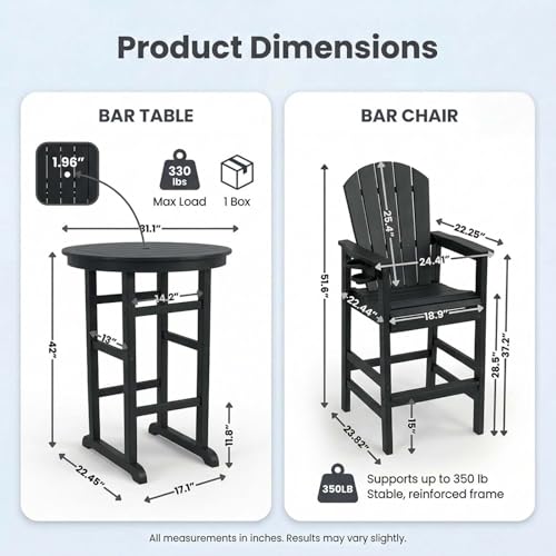 Patio Bar Tables Set of 3, HDPE Outdoor High Top Table and Chairs Set Height Table Chairs Adirondack Bar Set for Garden, Backyard, Yard, Pool, Balcony, Black - color: Ø31.1" Bar Set of 3, Black