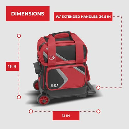 BSI Dash Roller Bowling Bag with Smooth Rolling Wheels, Padded Ball Compartment, Retractable Locking Handle, & Shoe Pocket - color: Black/Red/Gray, style: Single
