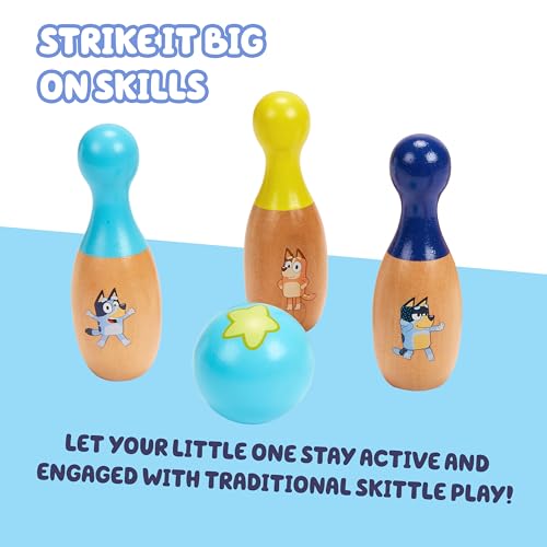 Bluey Wooden Bowling Set – Skittle Game with 6 Character Wooden Bowling Pins, Durable Toy for Kids Ages 3+, Indoor & Outdoor Play - style: Bowling Skittles