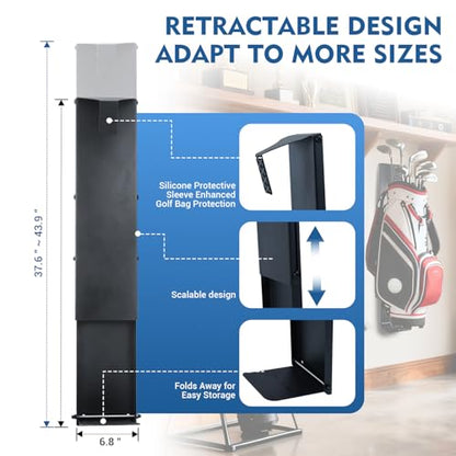 Wall Mount Golf Bag Storage Stand Organizer Rack for Garage, Adjustable Retractable Golf Bag Storage Rack with Protective Hook for Garage, Space-Saving Organizer for Golf Clubs, Home & Basement