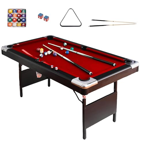 5.5,6,7 Ft Foldable Pool Table,Portable Folding Billiard Table for Kids and Adults, Indoor Pool Arcade Game Table with Cues,Balls,Triangle,Chalks for Family Game Rooms - color: Red 7FT