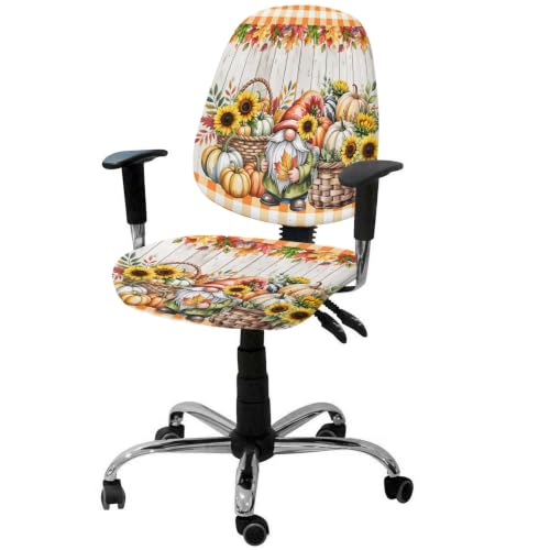 Savannan Office Chair Cover, Pastoral Fall Leaves Pumpkin Gnome Protective Stretch Elastic Universal Cover for Desk Task Chair,Computer Rotating Chair 1 Pcs Orange Plaid Grey Wooden