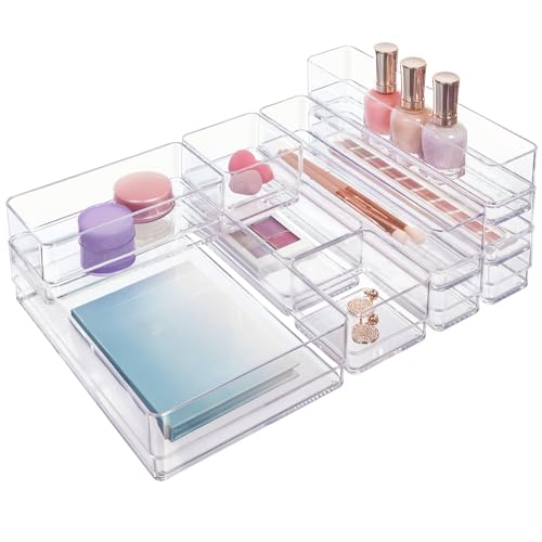 STORi SimpleSort 10-Piece Stackable Clear Drawer Organizer Set | Multi-size Trays | Makeup Vanity Storage Bins and Office Desk Drawer Dividers | Made in USA - size: 10 piece set, style: 10 Piece Set