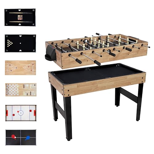Sunnydaze 10-in-1 Game Table - Combination Multi-Game Table with Billiards, Push Hockey, Foosball, Ping Pong, Chess, Checkers, Backgammon, Bowling, Shuffleboard, Card Games - Classic Wood Stain