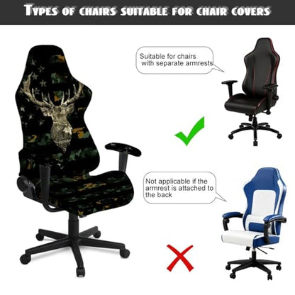 Deer American Flag Camouflage Print Gaming Chair Cover 4 PCS Stretchable Washable Computer Chair Seat Slipcovers Fits Office Chairs Racing Gamer Chair Covers - color: Deer American Flag Camouflage