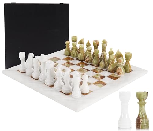 Marble Chess Set 15 Inch White and Green Handmade Board Game with Storage Box, Classic Travel Chess Set for Adults with Pieces & 2 Extra Queens, Elegant Gift & Home Décor - color: W/Greenonyx