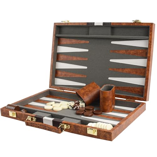 15 Inch Travel Backgammon Set for Adults, Classic Board Game with Premium PU Leather Case, Portable Strategy Backgammon Game Set, Brown - color: Brown