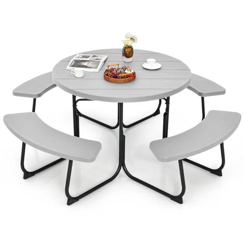 Tangkula 8 Person Picnic Table, Outdoor Round Picnic Table with 4 Built-in Benches, Umbrella Hole, Metal Frame & HDPE Tabletop, Outside Table and Bench Set for Backyard, 2300lbs Weight Capacity - color: Grey