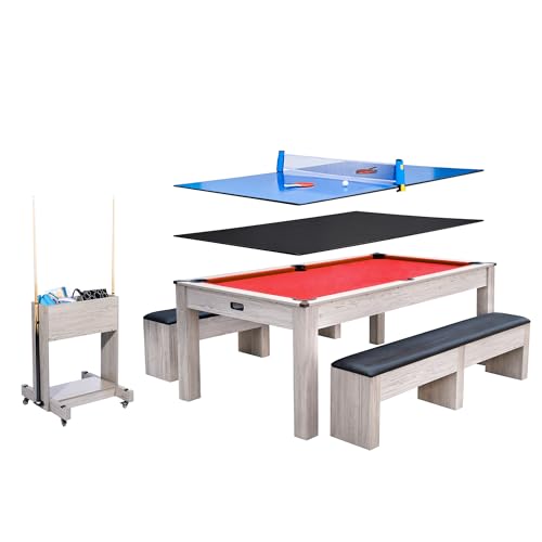 7FT 3-in-1 Pool Table - Convertible Billiard, Dining Table & Ping Pong | Includes Rolling Storage Cart, Cue Sticks, Balls, Table Tennis Set | Space-Saving Game Table for Home & Game Rooms - color: Red