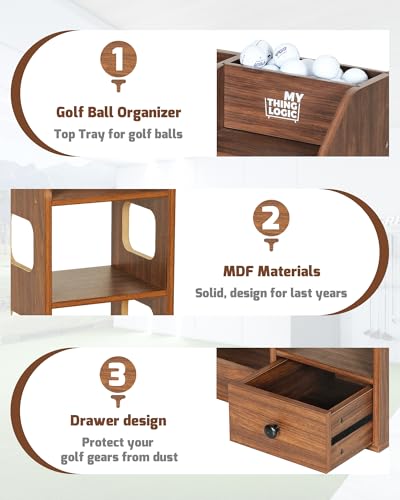 Mythinglogic Wooden Golf Bag Storage Rack, Golf Organizer with Shoe Shelves, Ball Holder & Drawer, MDF Golf Equipment Storage Cabinet for Home, Garage or Simulator Room - size: 2 golf bag rack-Brown