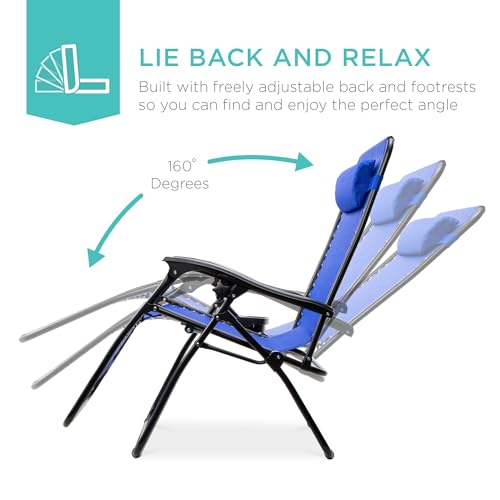 Best Choice Products Set of 2 Adjustable Steel Mesh Zero Gravity Lounge Chair Recliners w/Pillows and Cup Holder Trays - Cobalt Blue - color: Cobalt Blue, size: Standard