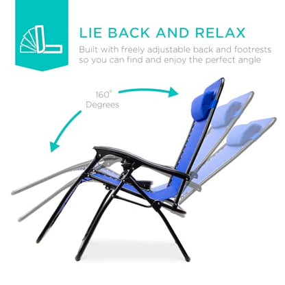 Best Choice Products Set of 2 Adjustable Steel Mesh Zero Gravity Lounge Chair Recliners w/Pillows and Cup Holder Trays - Cobalt Blue - color: Cobalt Blue, size: Standard