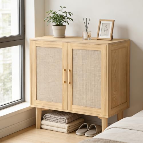Buffet Sideboard Storage Cabinet with Rattan Decor Doors Solid Wood Feet, Multifunctional Accent Unit with Spacious Tabletop and Inner Shelves for Dining Room Kitchen - Easy Assembly