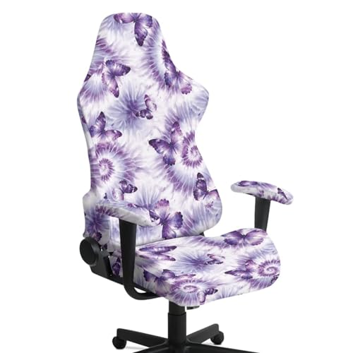 Butterfly Print Gaming Chair Covers Slipcovers with Armrest Covers Tie Dye Print Computer & Gaming Chair Slipcover Universal Fit for Desk/Swivel/Rotating Chairs Protector - color: Purple and White - Butterfly Tie Dye