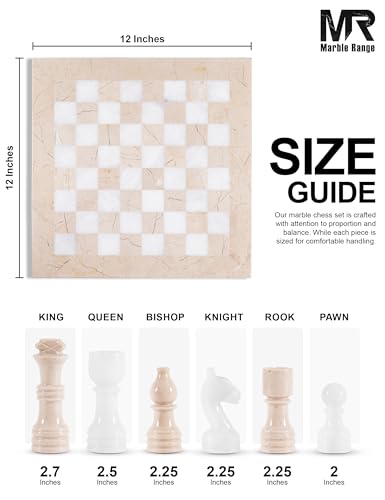 Marble Chess Set 12" Inches Verona and White with Storage Box and 2 Extra Queen Handmade Luxury Board Games for Adults, Ideal Chess Board Game & Marble Chess Set for Adults - color: Verona & White