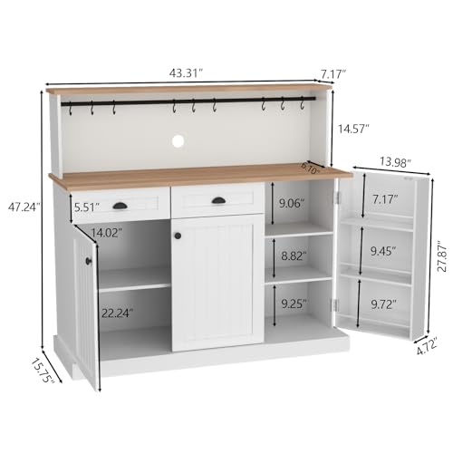 Gyfimoie Sideboard Buffet Cabinet with 2 Drawers, Farmhouse Kitchen Pantry with Adjustable Shelves, Coffee Bar Cupboard Cabinet with 3 Doors for Kitchen, Dining Room (White) - color: White
