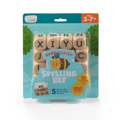 Chuckle & Roar Happy Little Spelling Bee Dice Game for Kids Ages 3-7+ – Educational Word & Letter Learning Game with 100 First Words, 10 Wooden Letter Dice, 5 Grow-With-Me Spelling Games & Storage Bag